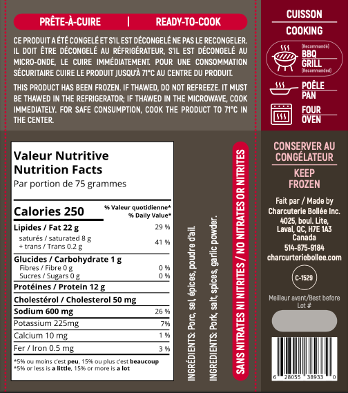 Saucisse Douce: 100% Porc et Légèrement Fumé